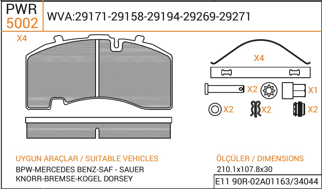 Колодки дискового тормоза 29171, 29158, PWR (211x108x30) KNORR SK7, SAF с полным установочным комплектом 5002