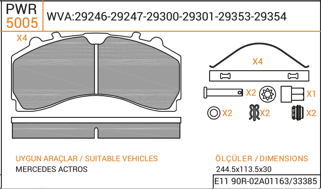 Колодки дискового тормоза 29246, 29247, PWR (245x114x35) KNORR SM7, MB с установочным комплектом 5005