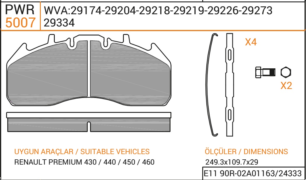 Колодки дискового тормоза 29174, 29204, OZZO (249.3x109.7x29) Meritor ELSA 225, Volvo, RVI с установочным комплектом PWR 5007