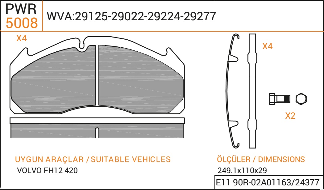 Колодки дискового тормоза 29125, 29022, PWR (250x110x29) Meritor, Volvo с установочным комплектом 5008