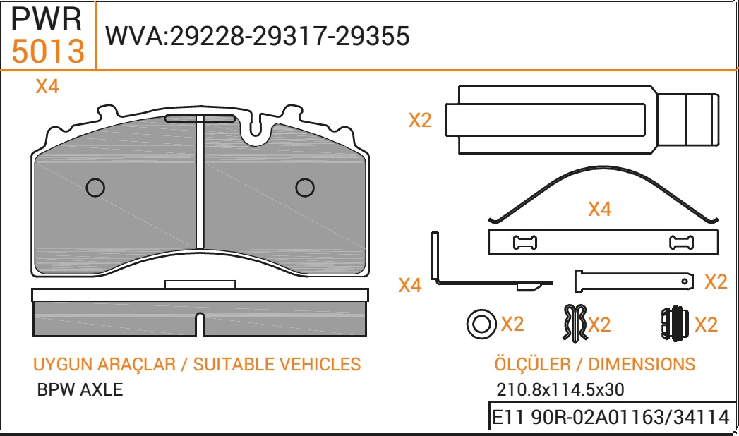 Колодки дискового тормоза 29228, 29316, PWR (210,3x102x30) BPW TSB 4309 с установочным комплектом 5013