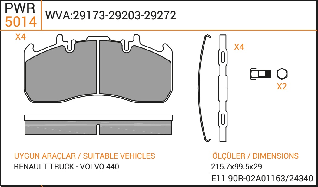 Колодки дискового тормоза 29173, 29203, PWR (216x100x29) Meritor, Volvo, RVI с установочным комплектом 5014