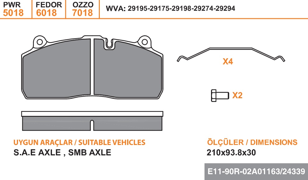 Колодки дискового тормоза 29195, 29175, PWR (210x94x30) Haldex DB22 LT с установочным комплектом 5018