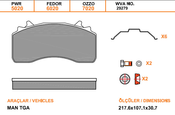 Колодки дискового тормоза 29279, 29223, PWR (217.6x107.1x30.7) WABCO MAXX22, MAN TGX/TGS с установочным комплектом 5020