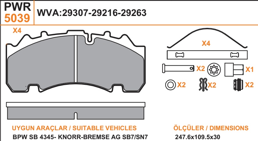 Колодки дискового тормоза 29307, 29216, 29263 PWR (247.6x109.5x30) BPW SB4345, KNORR SN7, SB7 с установочным комплектом 5039