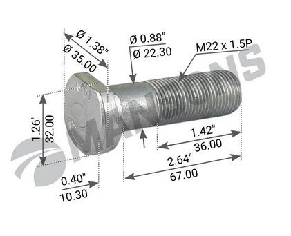 Болт колесный SAF M22x1.5x 73 48 RSM SKRS без гайки, одинарные колеса BSL 603B30