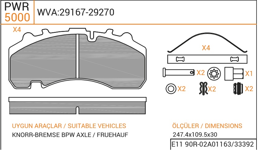 Колодки дискового тормоза 29167, 29270, OZZO (247.4x109.5x30) KNORR SN7, BPW с установочным комплектом 79000