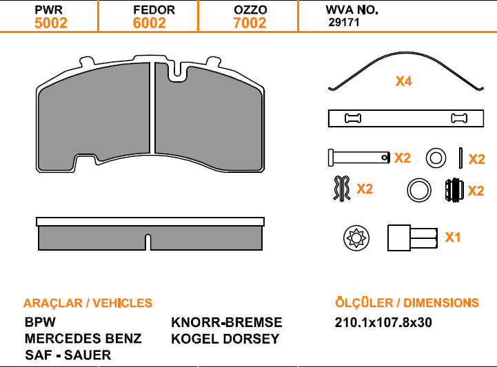 Колодки дискового тормоза 29171, 29158, OZZO (211x108x30) KNORR SK7, SAF, FOTON с устан. комп. 79002