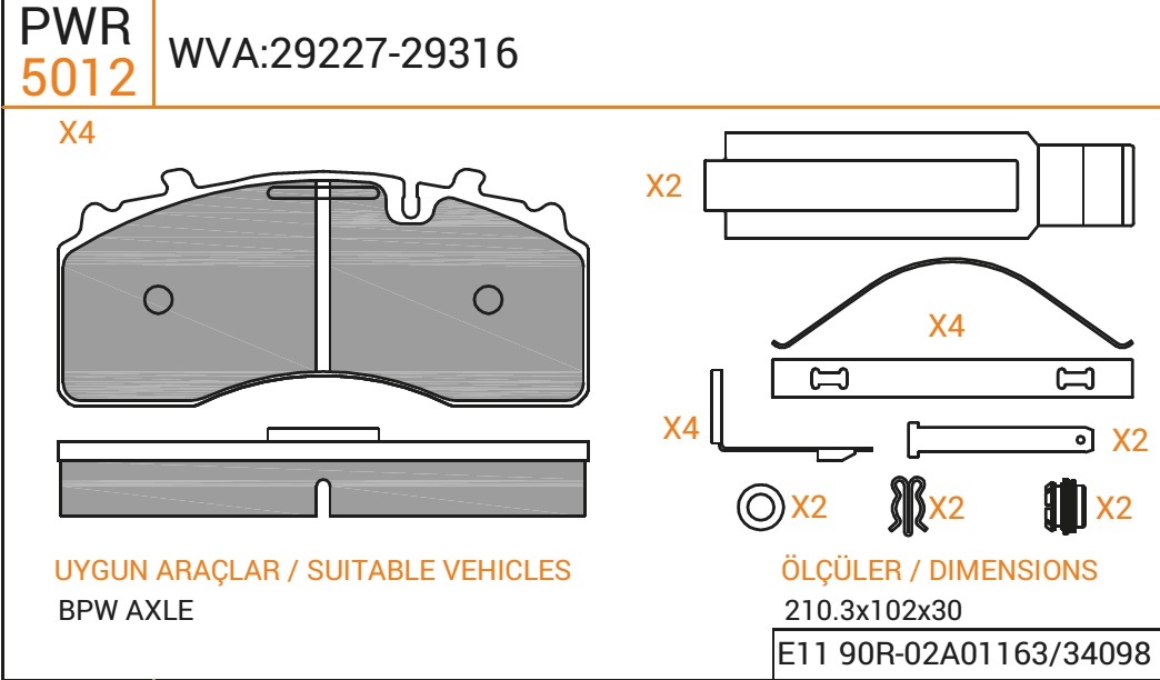 Колодки дискового тормоза 29227, 29316, OZZO (210,3x102x30) BPW TSB 3709 с установочным комплектом 79012
