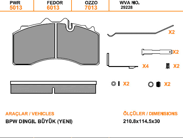 Колодки дискового тормоза 29228, 29316, OZZO (210,3x102x30) BPW TSB 4309 с установочным комплектом 79013