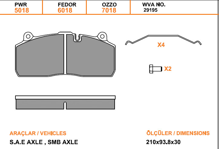Колодки дискового тормоза 29195, 29175, OZZO (210x94x30) Haldex DB22 LT с установочным комплектом 79018