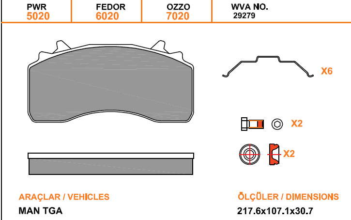 Колодки дискового тормоза 29279, 29223, OZZO (217.6x107.1x30.7) WABCO MAXX22, MAN TGX/TGS с установочным комплектом 79020