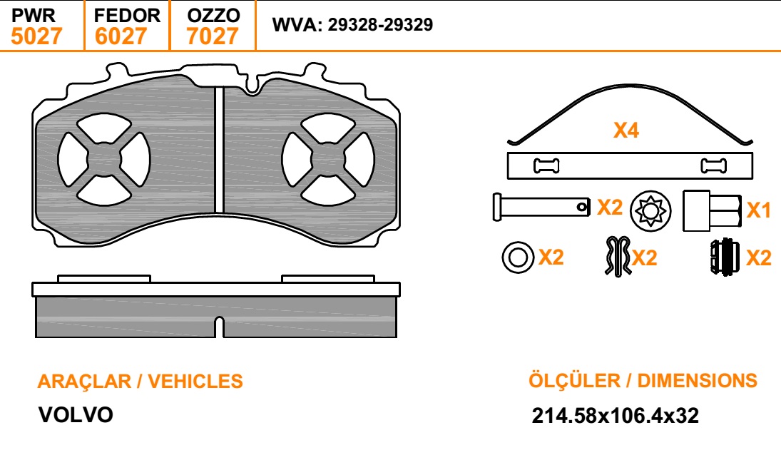 Колодки дискового тормоза 29328, 29329, OZZO (214.58x106.4x32) SAF, SCHMITZ ST7 с установочным комплектом 79027