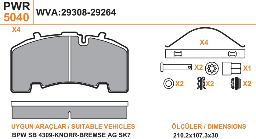 Колодки дискового тормоза 29328, 29329 OZZO (210.2x107.3x30) KNORR SK7, BPW с установочным комплектом 79040