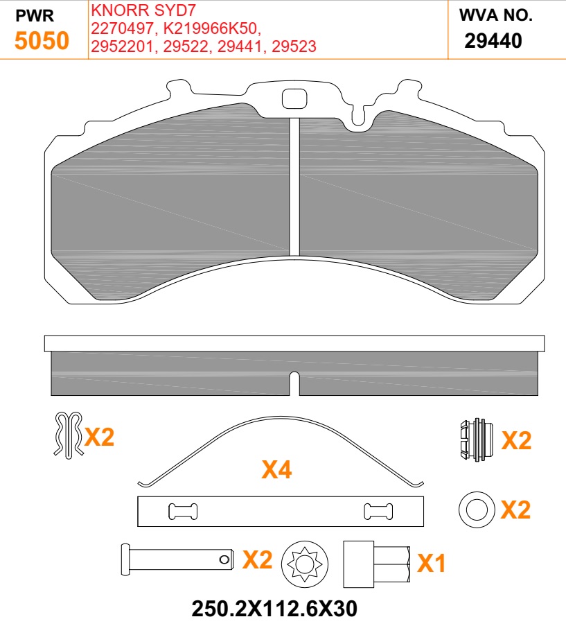 Колодки дискового тормоза 29440, 29523 PWR (250.2x112.6x30) KNORR SYD7, DAF с полным установ. компл. 58040
