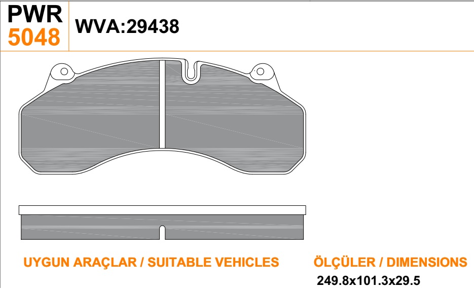 Колодки дискового тормоза PWR, WVA 29438 (249,8x101,3x29,5) SITRAK передние 58028