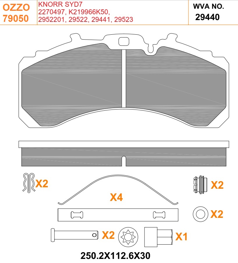 Колодки дискового тормоза 29440, 29523 OZZO (250.2x112.6x30) KNORR SYD7, DAF с полным установ. компл. 78040